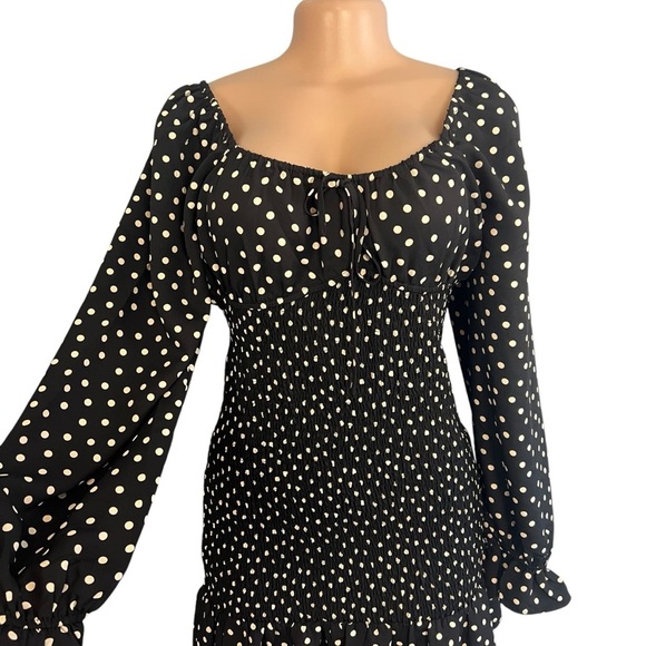 Express Long Sleeve Smocked Black Polka Dot Dress - Picture 5 of 12